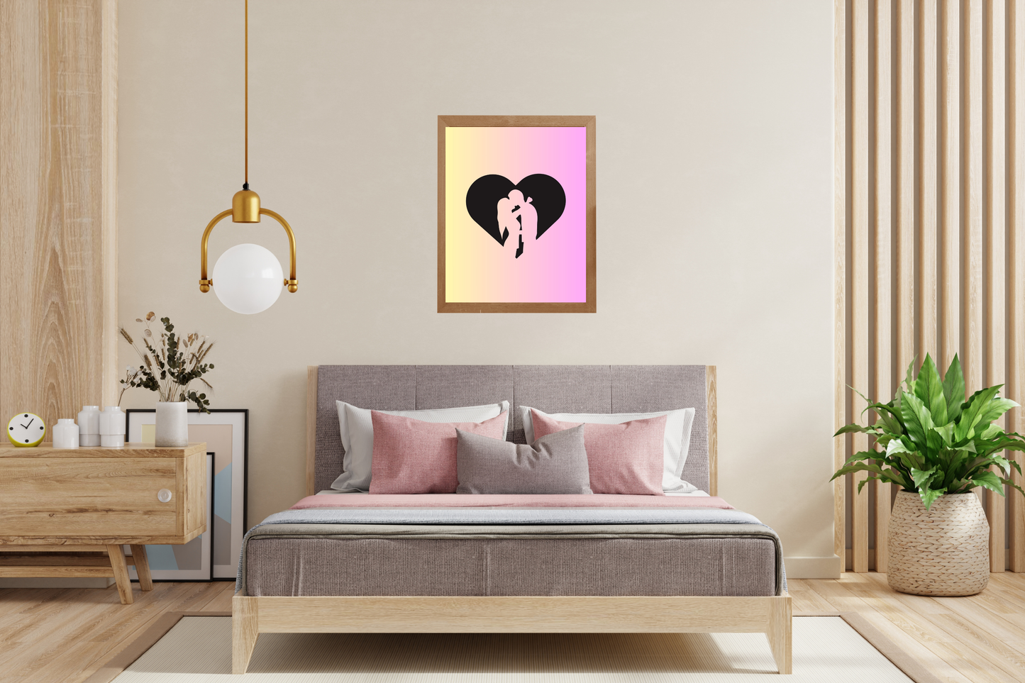 Modern bedroom with a bed, side table, featuring a framed Valentine's Day wall print of a couple kissing.