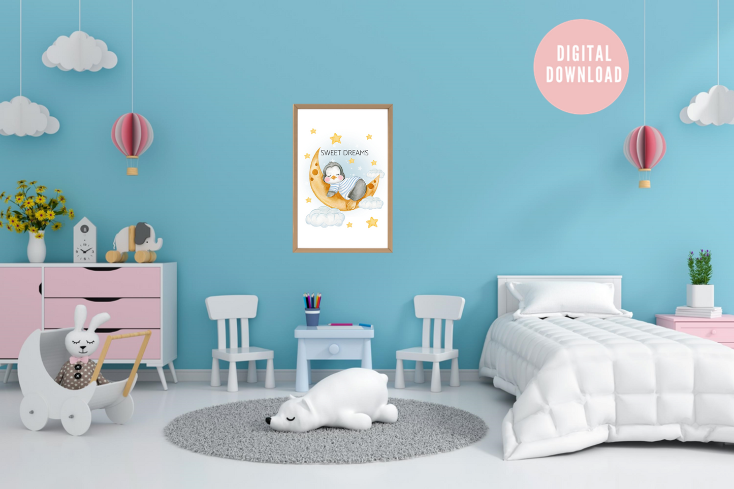 Sweet Dreams penguin wall art framed in soft pastel playroom