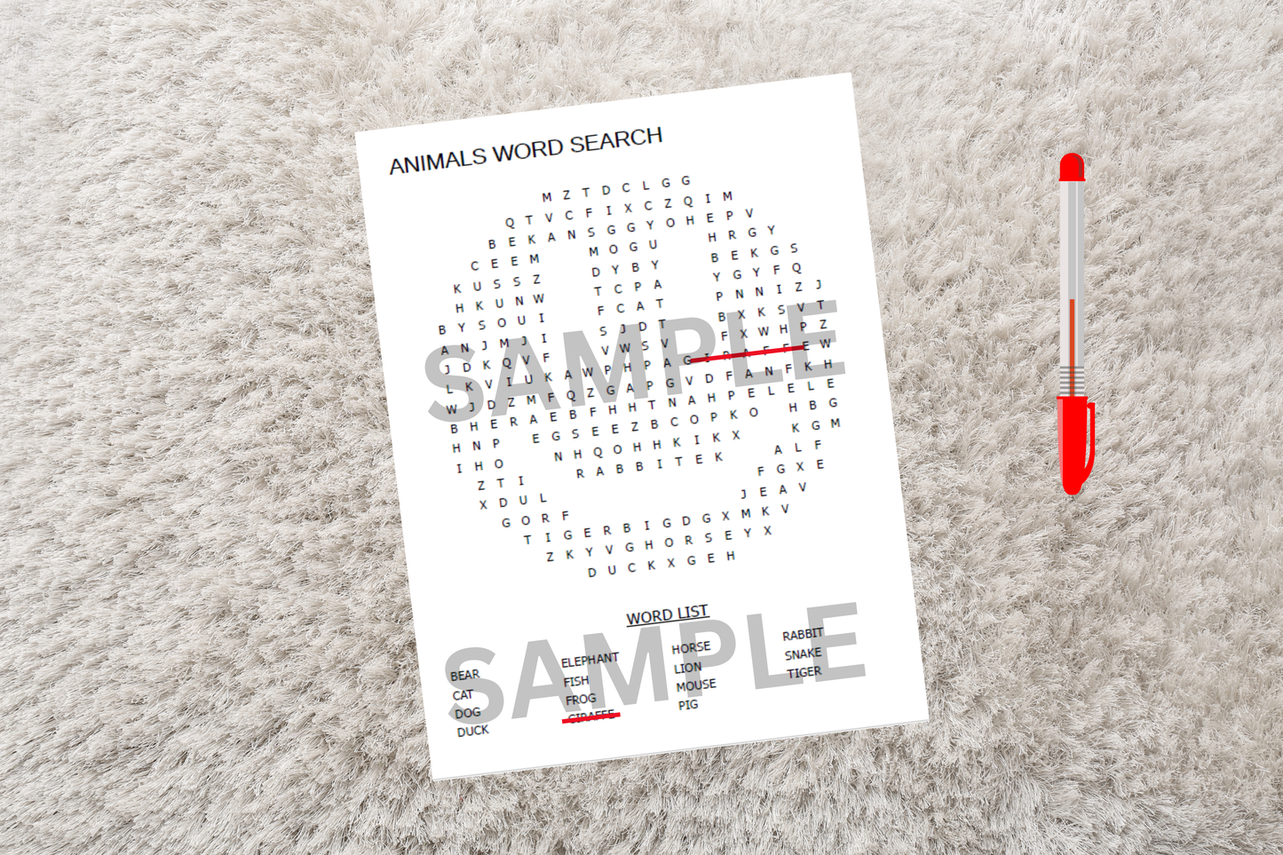 Fun kids' puzzle activity printed and placed on a carpet with a pen nearby.