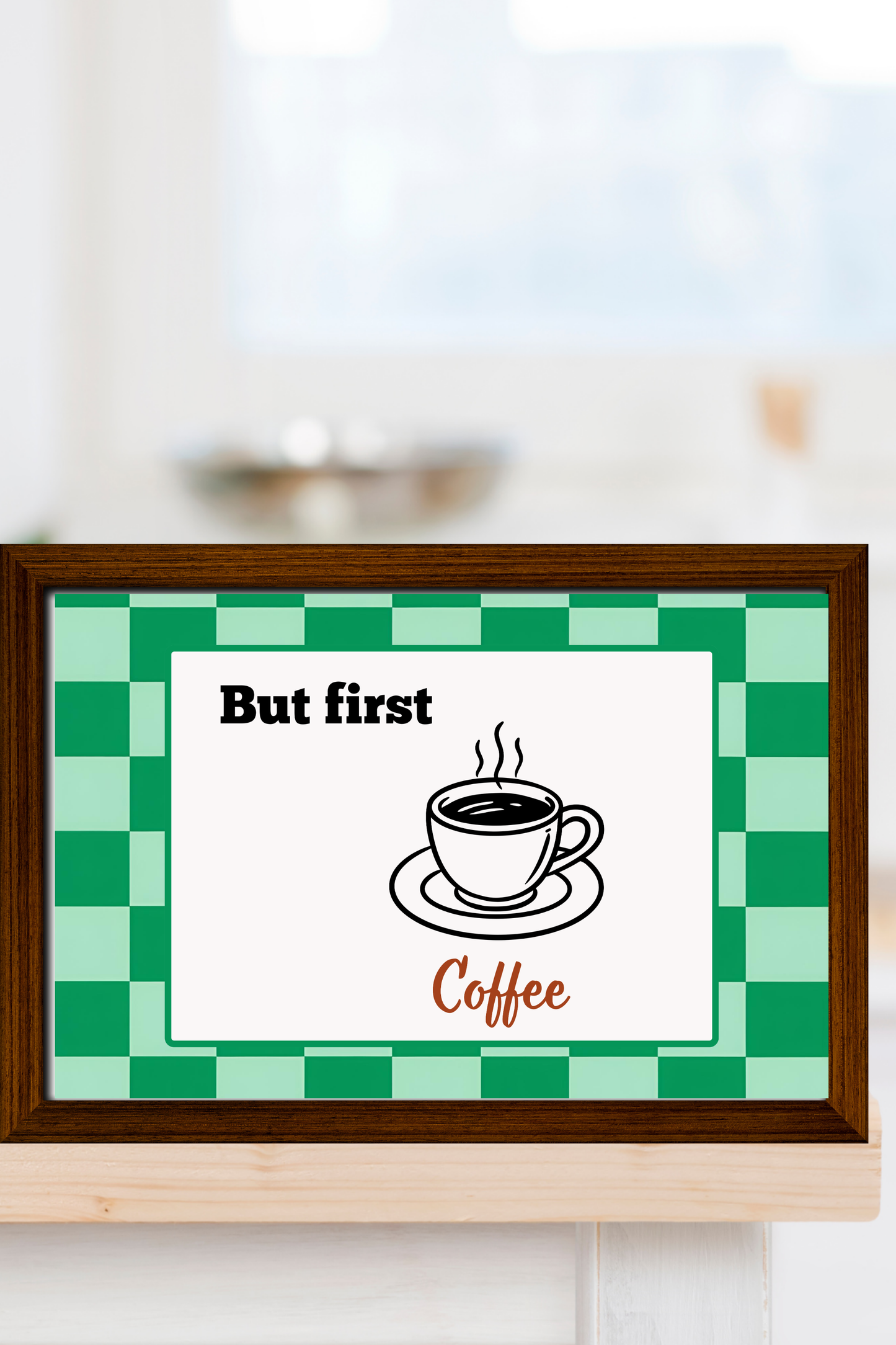 Retro coffee printable in a wooden brown frame on a kitchen counter top