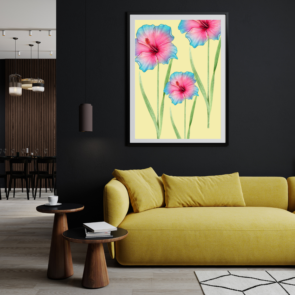 Pink and Blue Flower Wall Art Print on Modern Living Room Wall.