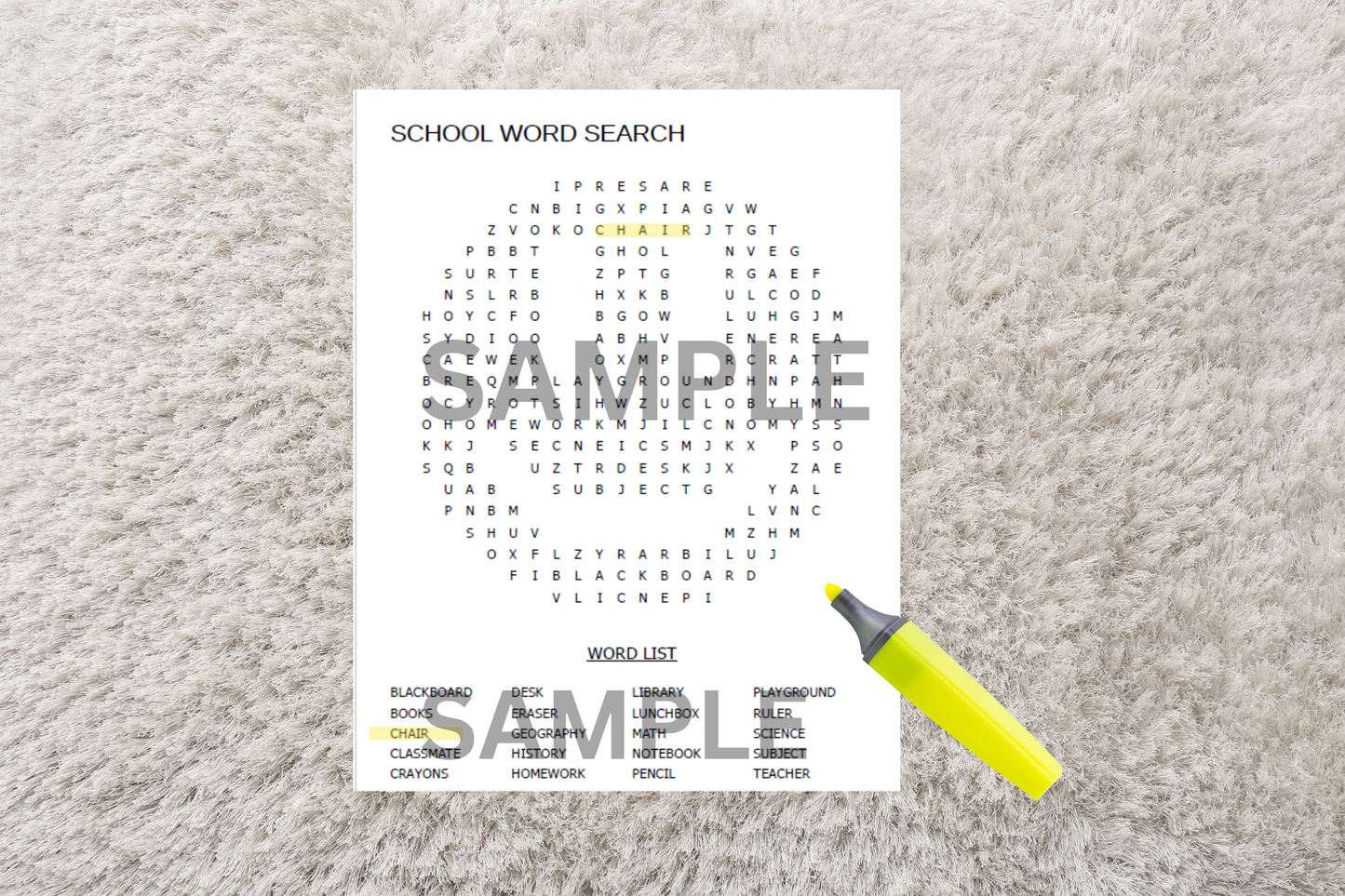 Printable kids' learning puzzle laid out on a cosy carpet with a highlighting pen