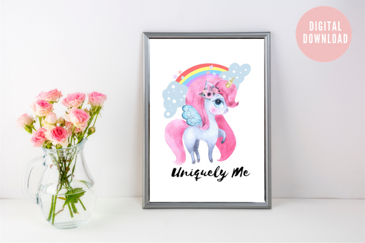 Teenage girls bedroom mock-up featuring colourful unicorn printable poster on pastel wall.