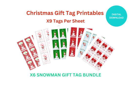 Printable snowman-themed Christmas gift tags displayed on a white background