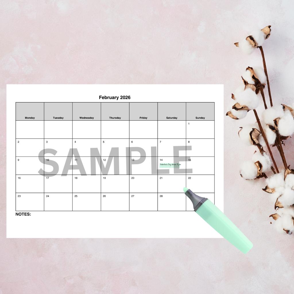 February 2026 monthly planner printable wall display.