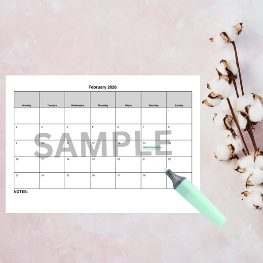 February 2026 monthly planner printable wall display.