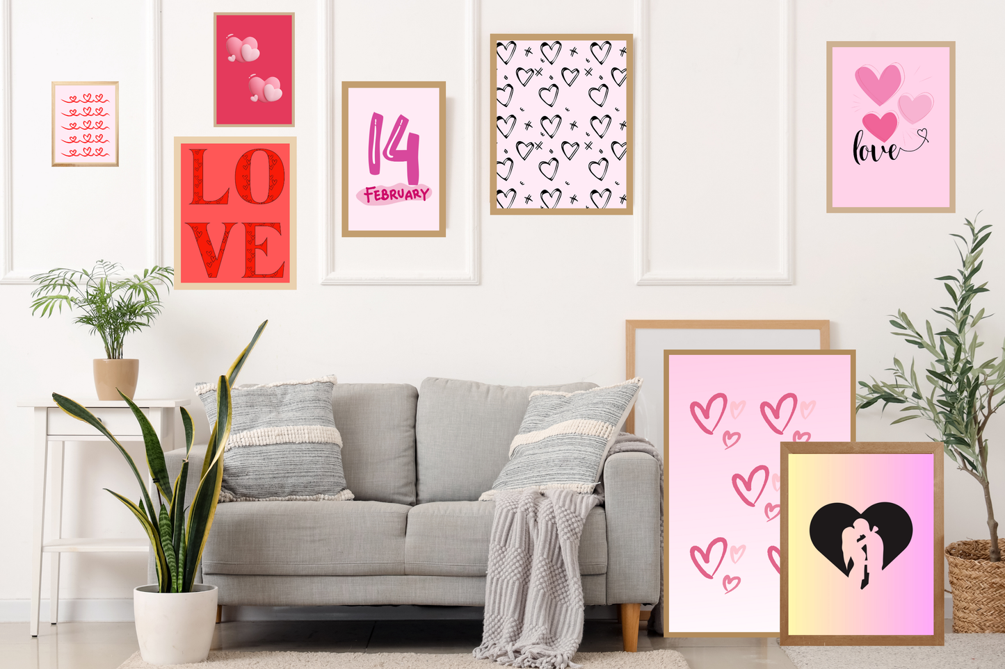 Romantic gallery wall featuring Valentine's printable art set of 8 digital prints in pink and red tones.