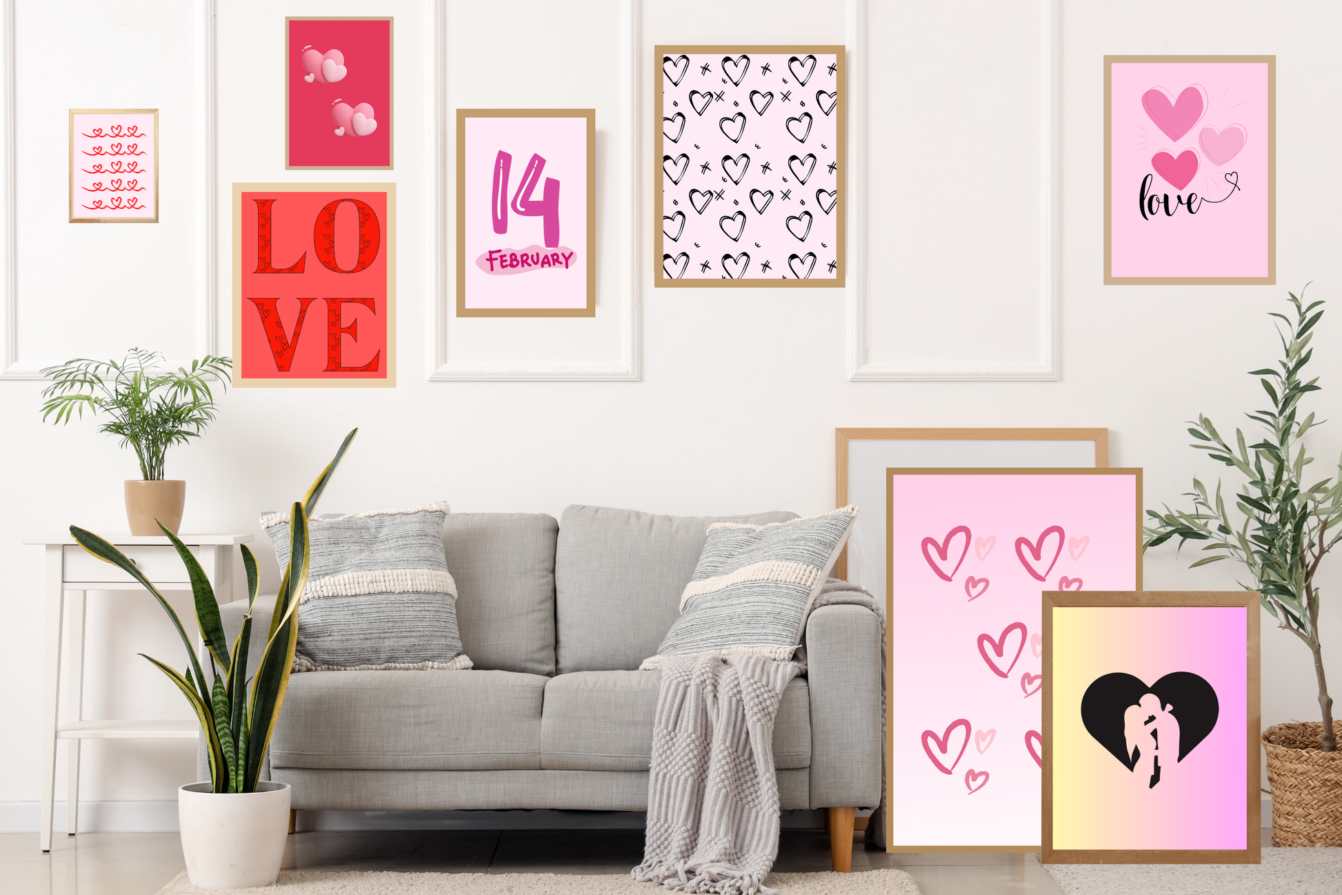 Romantic gallery wall featuring Valentine's printable art set of 8 digital prints in pink and red tones.