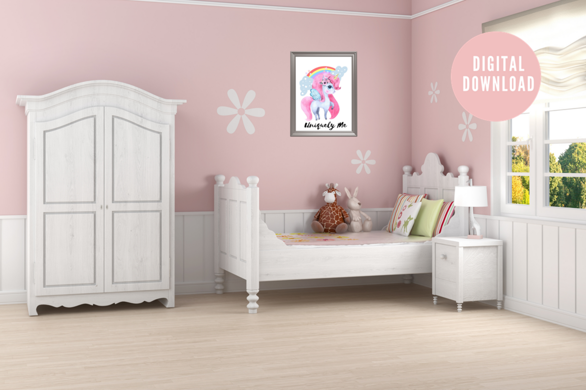 Colourful Uniquely Me unicorn printable art displayed above a kids’ bed in a cute bedroom.