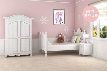 Colourful Uniquely Me unicorn printable art displayed above a kids’ bed in a cute bedroom.