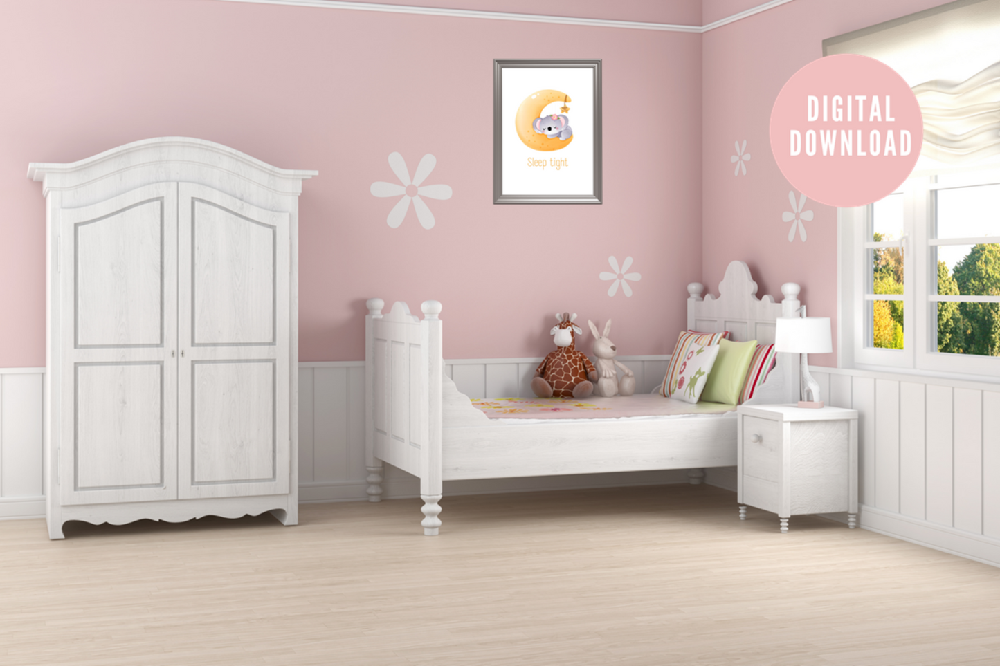 Whimsical koala wall art styled in children’s bedroom