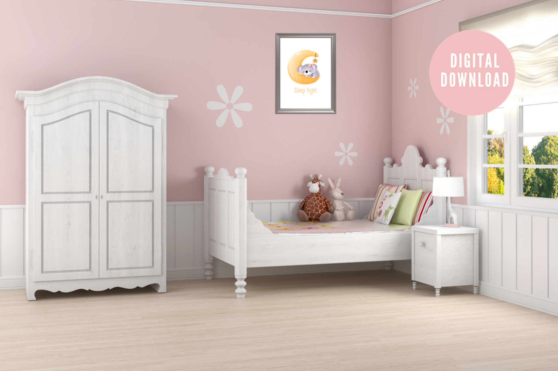 Whimsical koala wall art styled in children’s bedroom