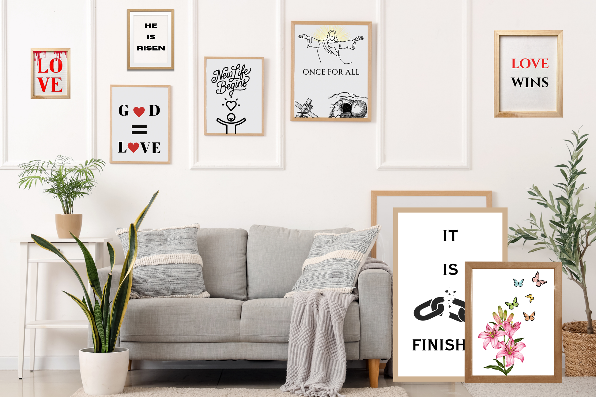 Living room with a gray sofa and various Easter themed framed artworks on the wall.