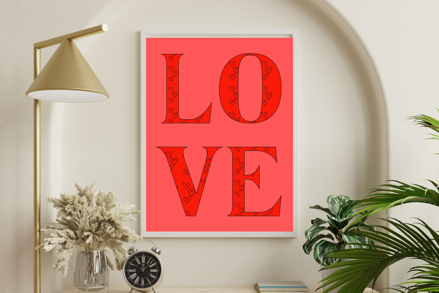 Stylish living room with framed Valentines day wall decor ideas using printable L O V E letters and hearts.