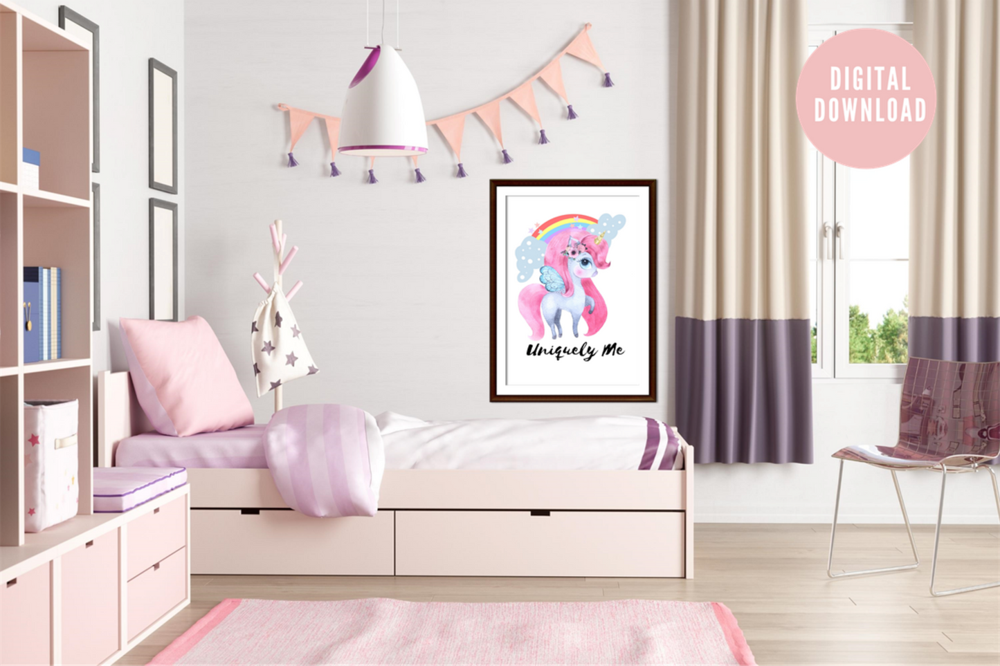 Unicorn wall art with Uniquely Me typography framed in a bright children’s room