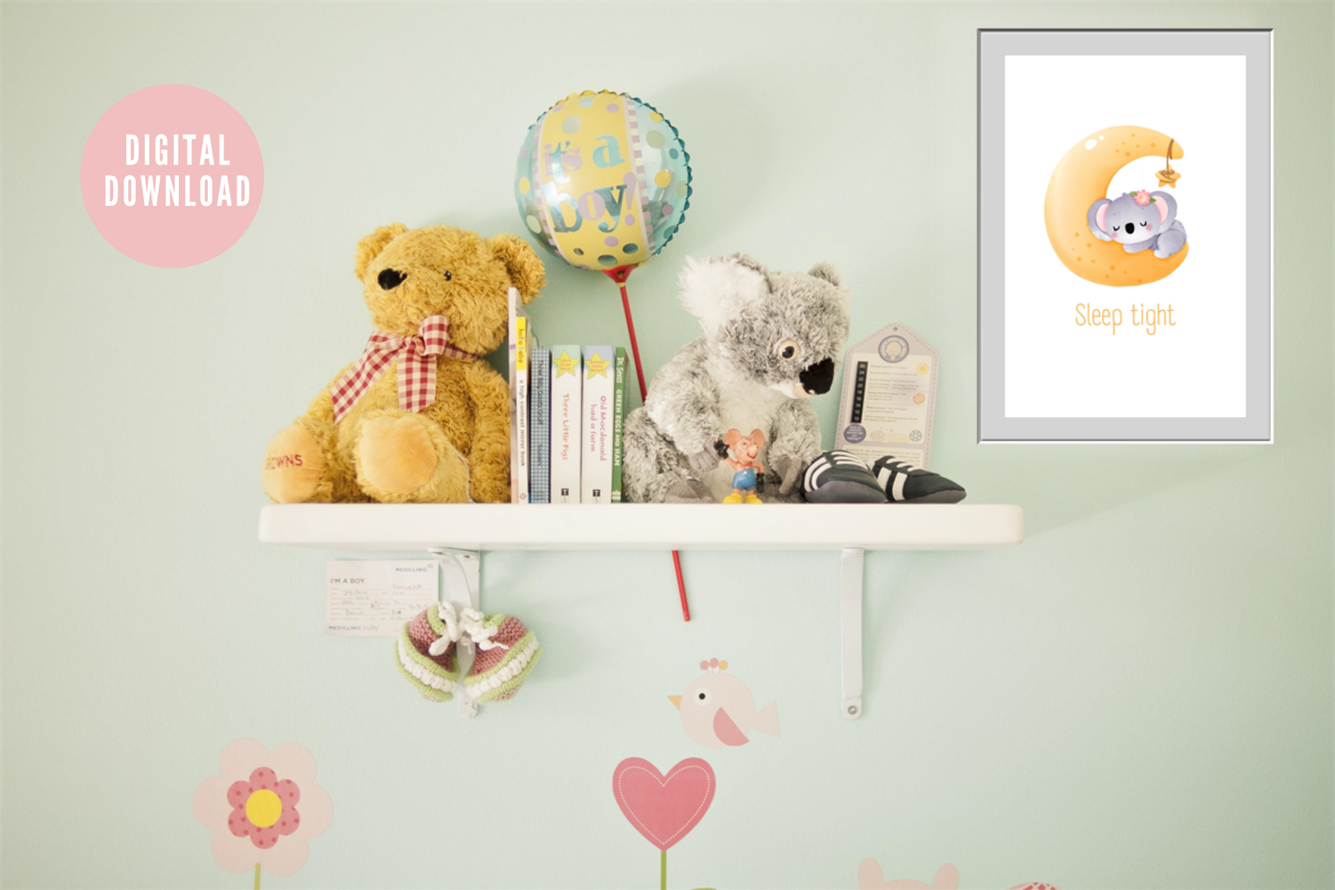 Cute koala kids printable poster in calming nursery setting