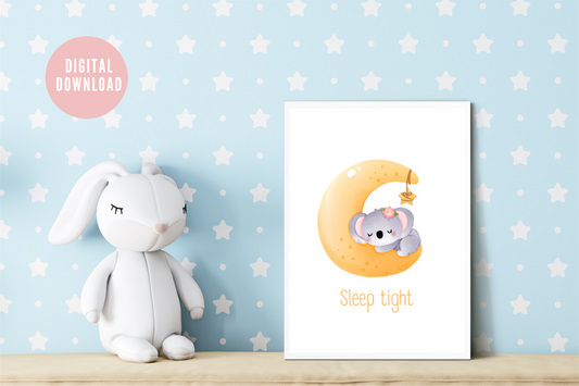 Watercolour koala sleeping on moon nursery print with ‘Sleep Tight