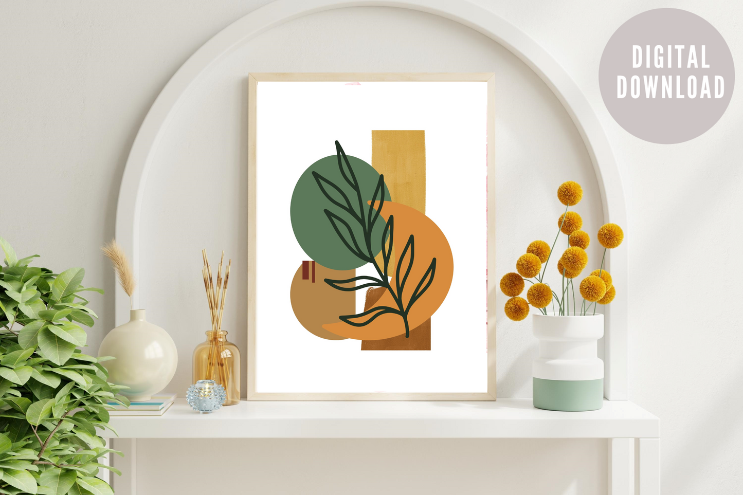 Abstract Botanical Geometric Art Print – Modern Boho Wall Art in Earthy Green and Orange
