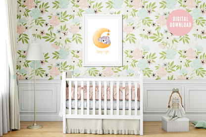 Moon-themed printable nursery décor above baby’s cot
