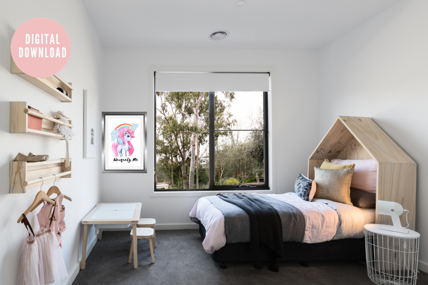 Kids’ bedroom mock-up featuring colourful unicorn printable poster on white wall.