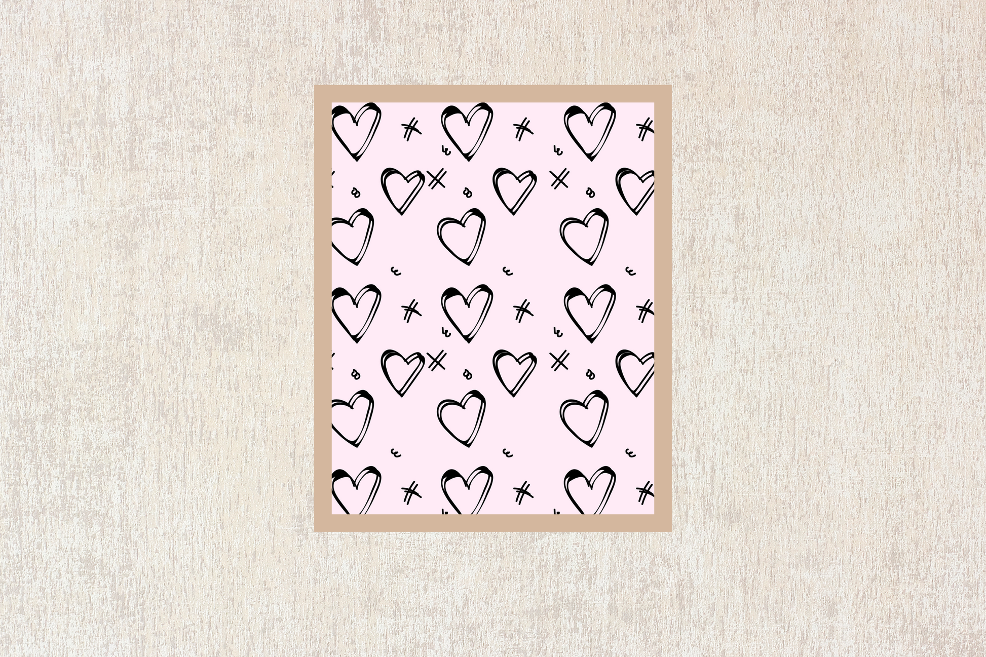 Cosy bedroom wall styled with Valentine digital print in soft pastel pink background with heart  and x shapes for romantic wall art.