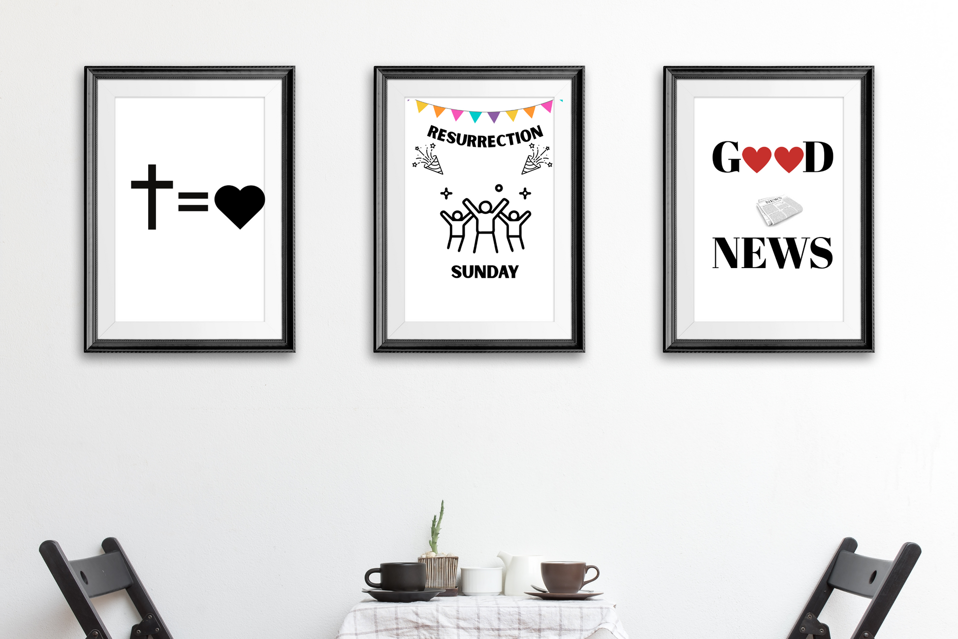 Three framed prints on a wall above a table with cups and a plant.