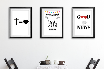 Three framed prints on a wall above a table with cups and a plant.