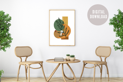 Abstract Botanical Geometric Art Print – Modern Boho Wall Art in Earthy Green and Orange