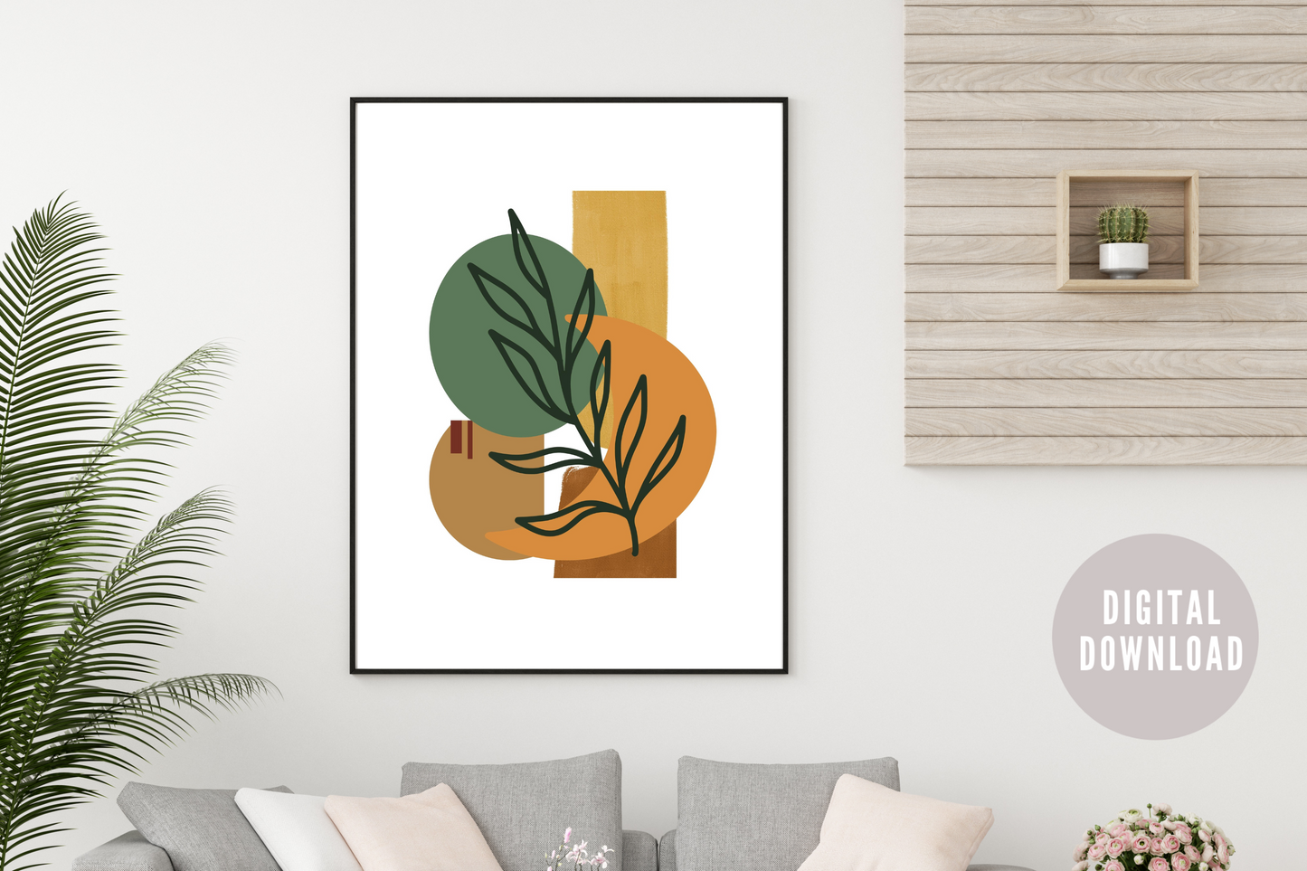 Abstract Botanical Geometric Art Print – Modern Boho Wall Art in Earthy Green and Orange