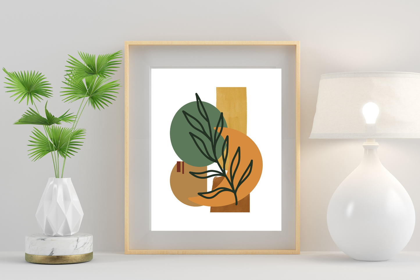 Abstract Botanical Geometric Art Print – Modern Boho Wall Art in Earthy Green and Orange