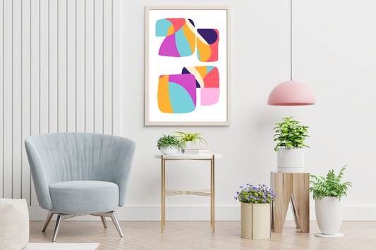 Vibrant abstract geometric print framed in contemporary living room