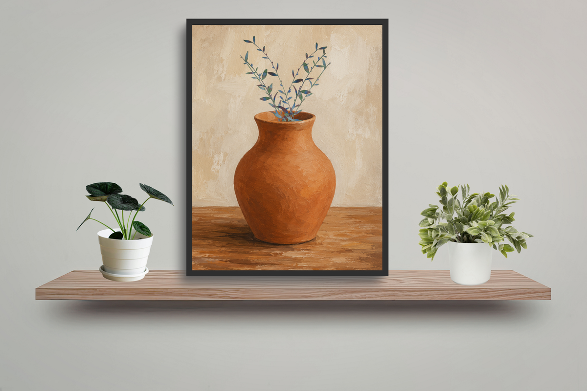 Botanical printable wall art with a rustic terracotta vase in a neutral home interior