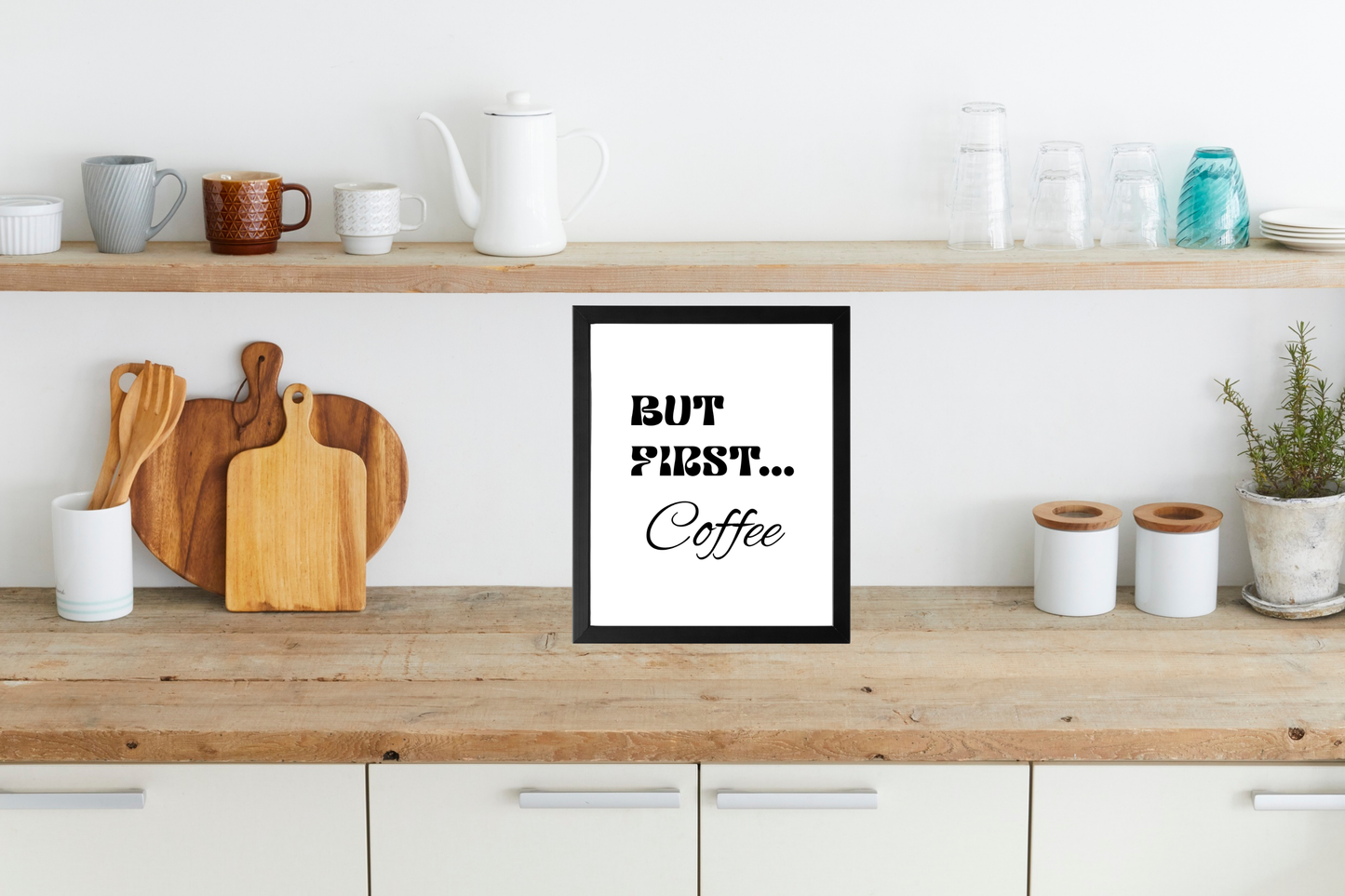 But First Coffee typography print on wooden kitchen counter