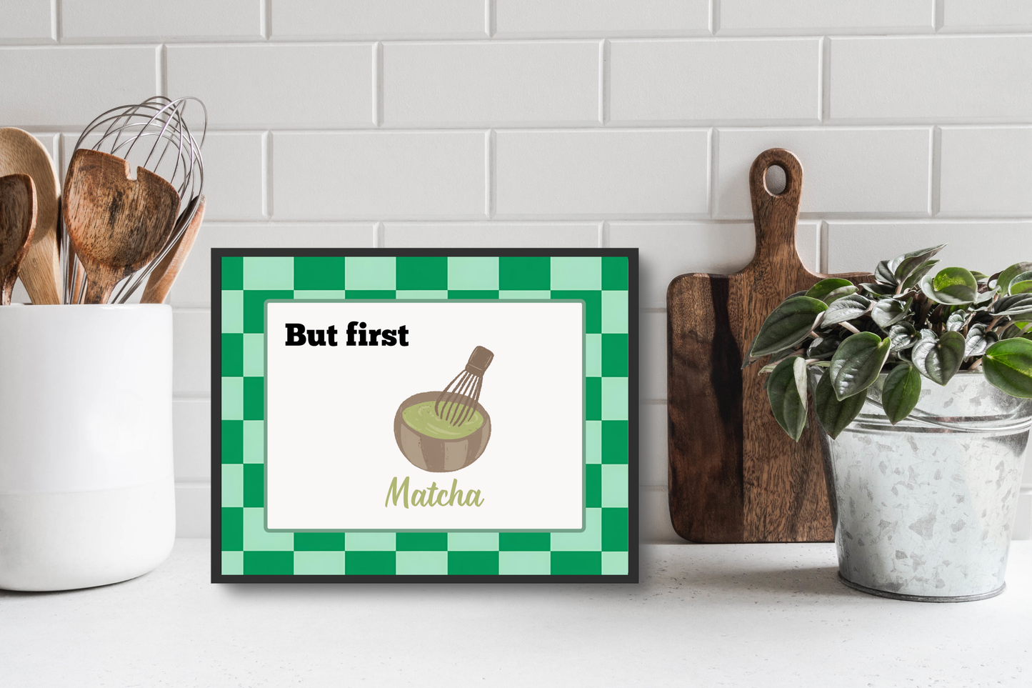 Printable quirky matcha wall art displayed in bright kitchen