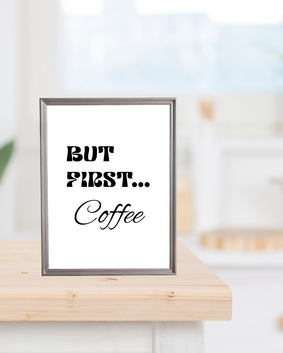 Clean typography coffee wall art in bright contemporary kitchen