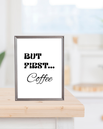 Clean typography coffee wall art in bright contemporary kitchen