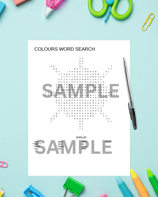Printable colours word search puzzle for kids on a bright school desk with pencils and crayons.
