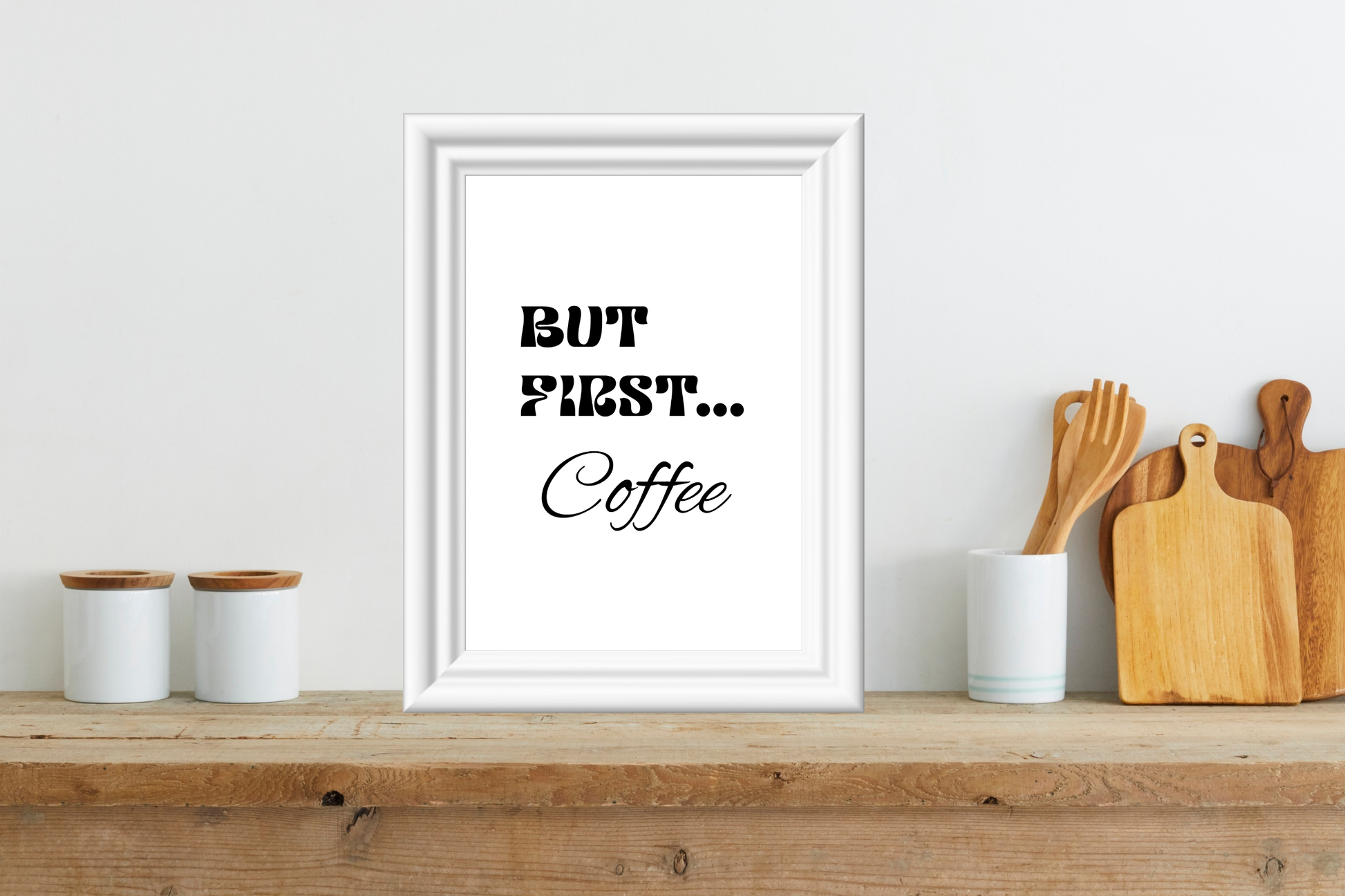 Printable coffee artwork displayed on neutral kitchen shelf