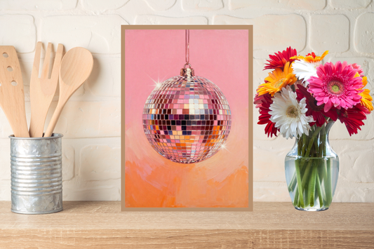 Colourful retro kitchen wall art featuring mirrored disco ball