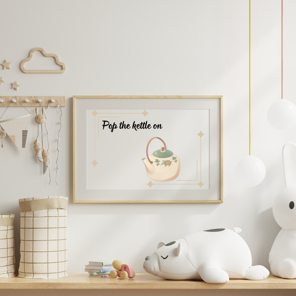 pop the kettle on printable kitchen wall art with teapot illustration