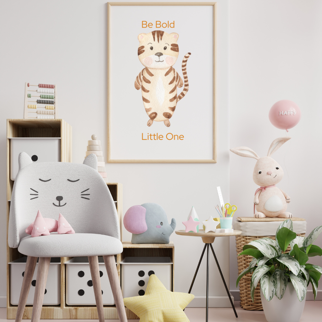 Watercolour cat nursery print with ‘Be Bold, Little One’ quote