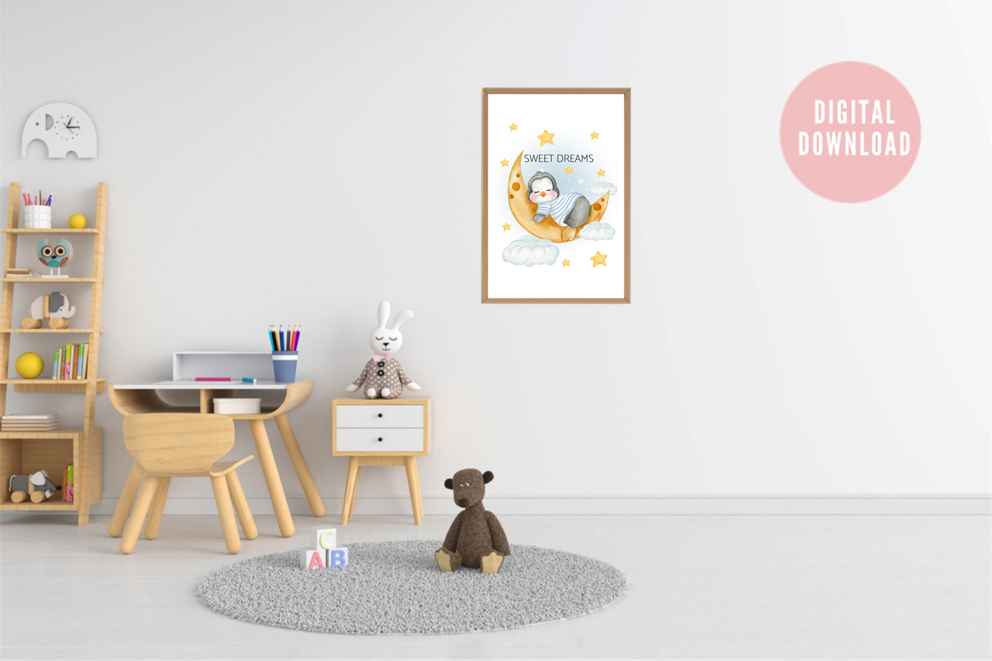 Watercolour penguin sleeping on yellow moon with ‘Sweet Dreams’ nursery print