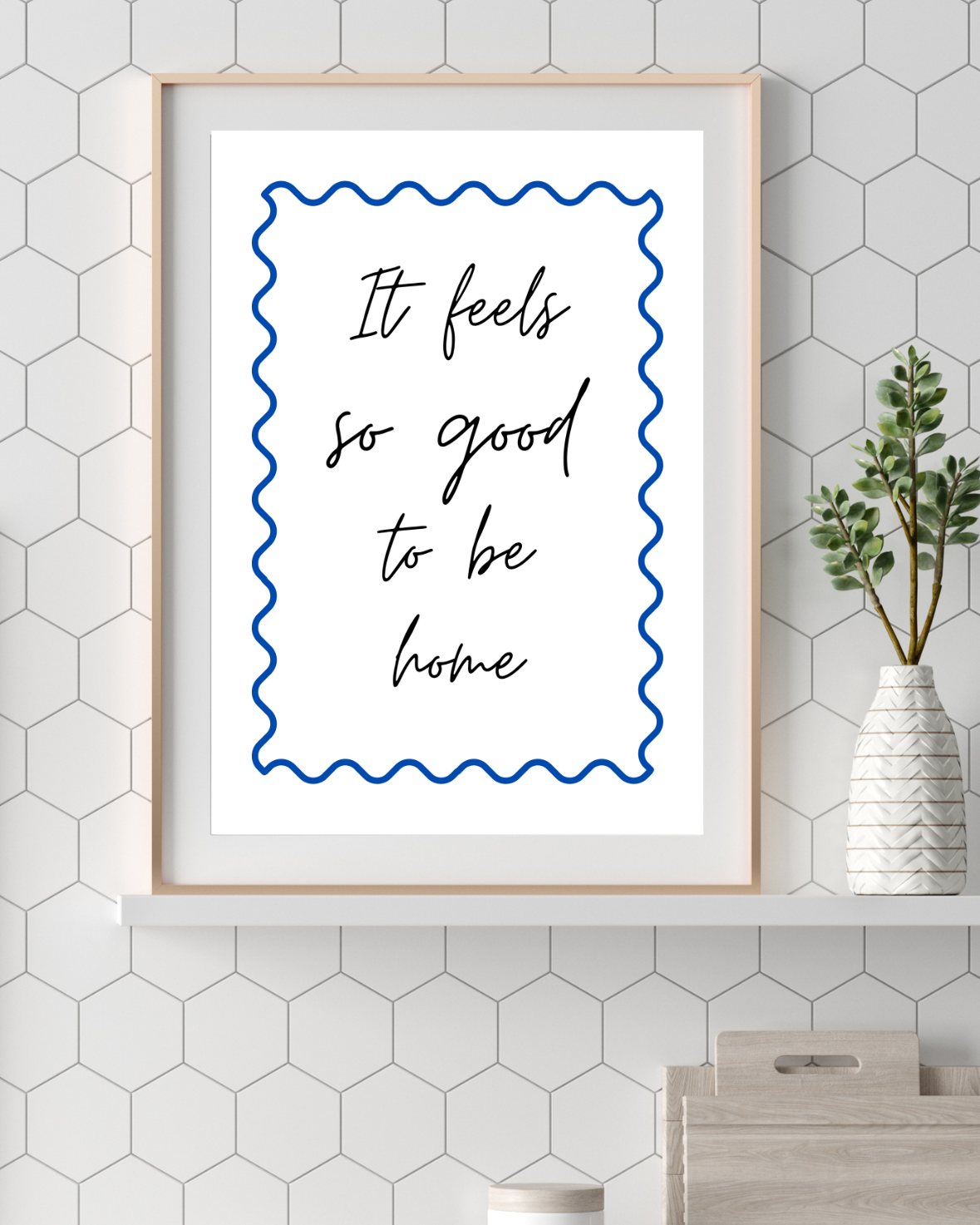 Soft life quote wall art in calming blue, styled in a boho kitchen above a shelf, promoting a self-care lifestyle and modern interior style.