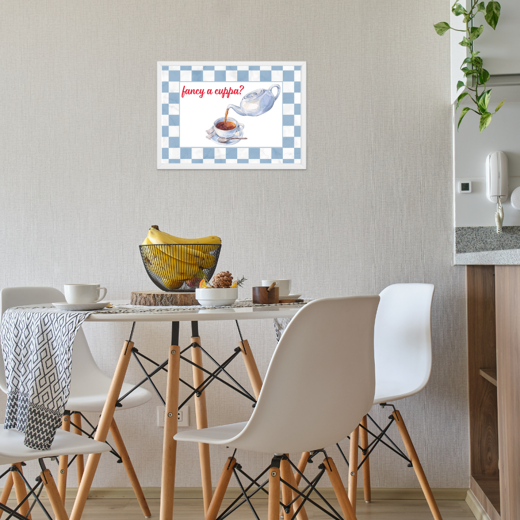 Blue and white chequered border tea poster in cosy dining space