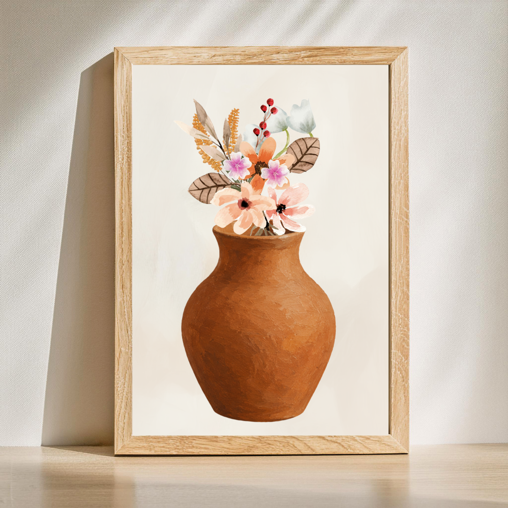 Botanical printable wall art with textured terracotta vase displayed in a warm neutral home
