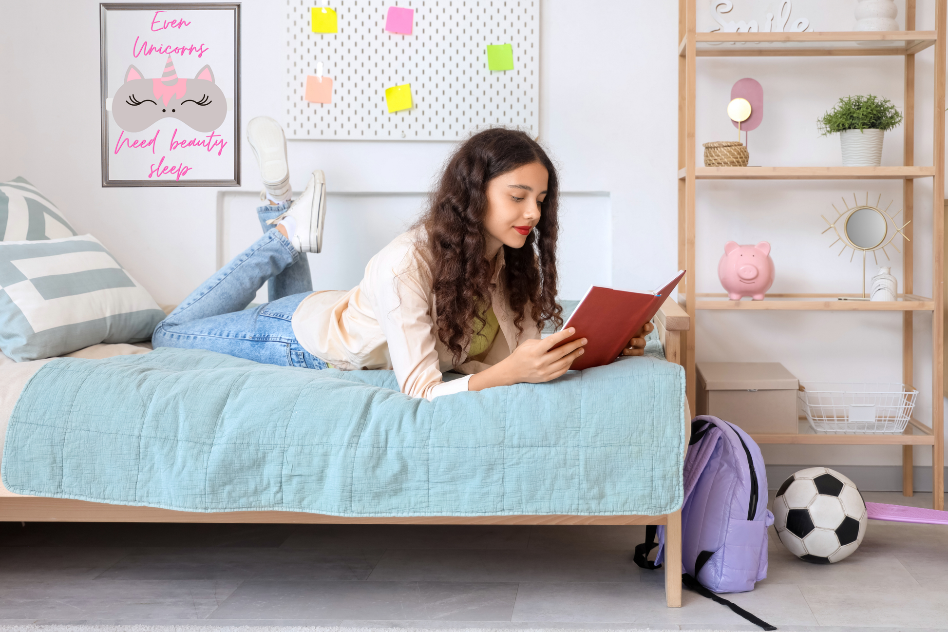 Cute unicorn kids printable poster styled in teenager’s bedroom