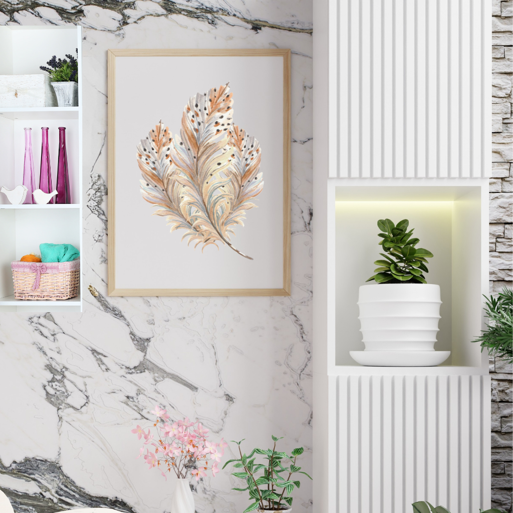 Watercolour Boho feathers wall art in a modern, serene beauty salon