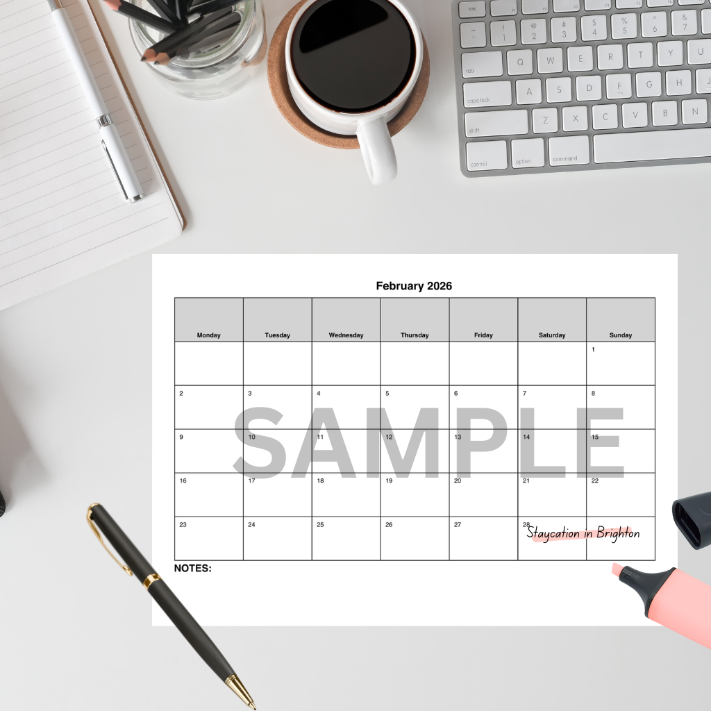 Printable February 2026 calendar styled home office mockup.