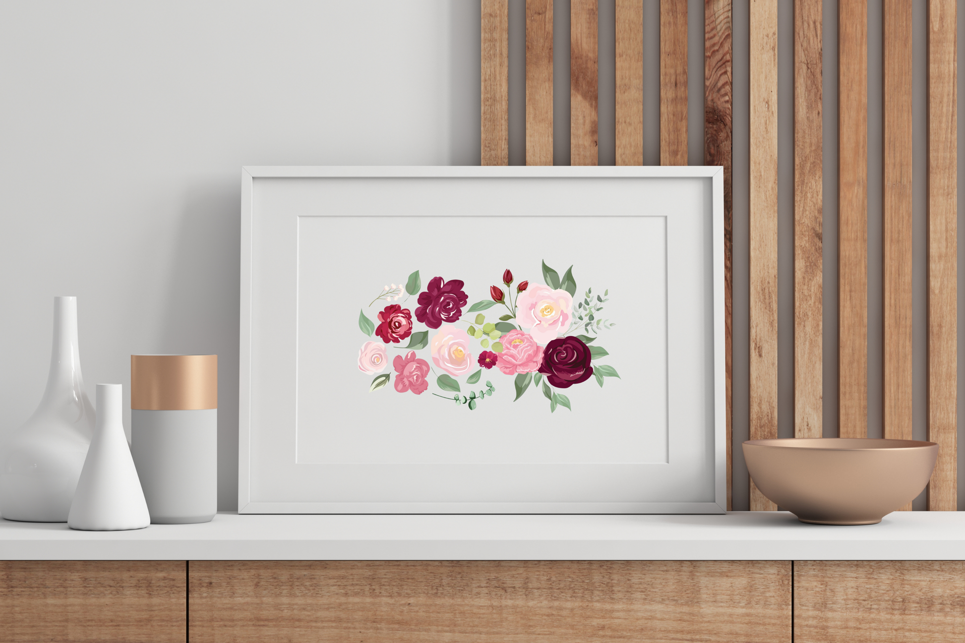 The floral printable wall art with layered flowers and greenery, styled alongside minimal décor to add visual interest without overwhelming the space.