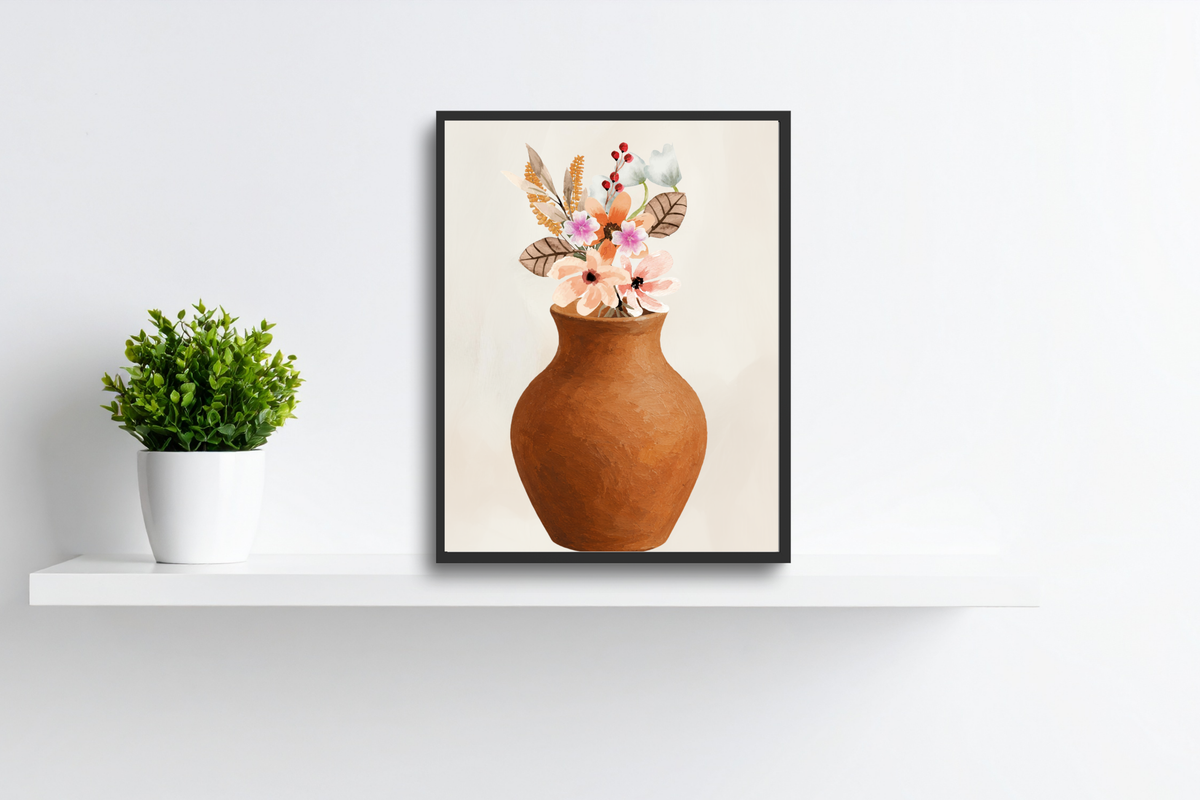 Earthy printable floral art print styled in a boho living room